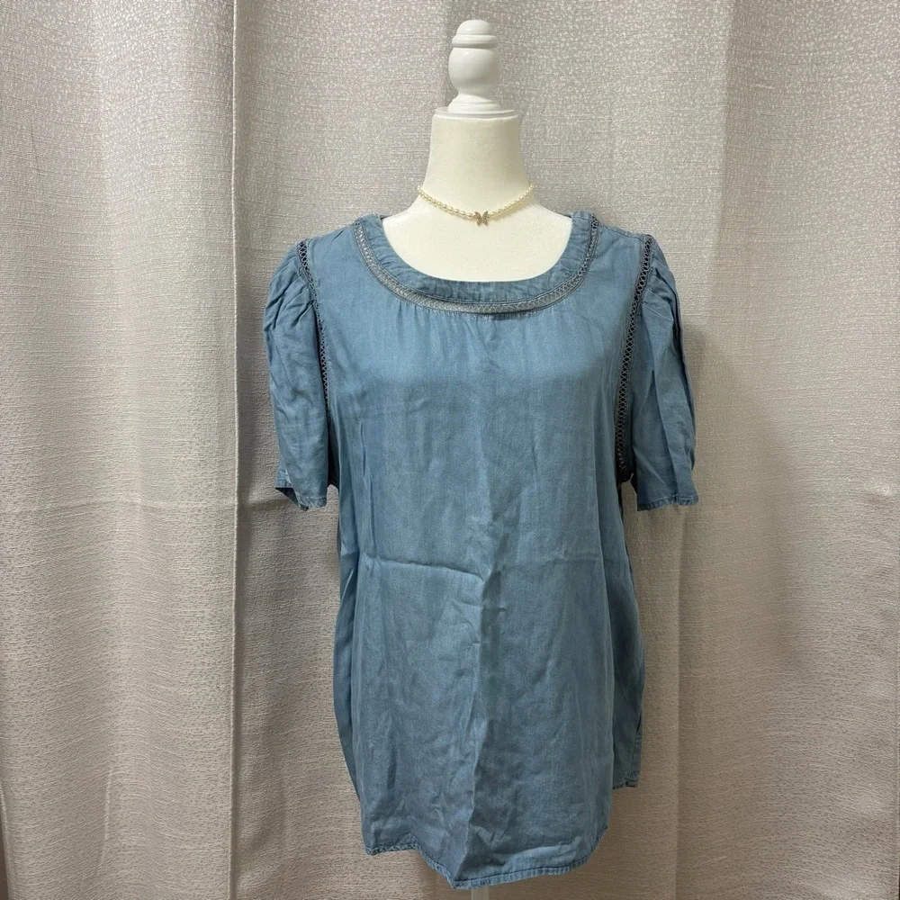 Perch by Blu Pepper Blue chambray Relaxed Blouse Size 2XL | Boho Beach Vacation - Picture 4 of 13